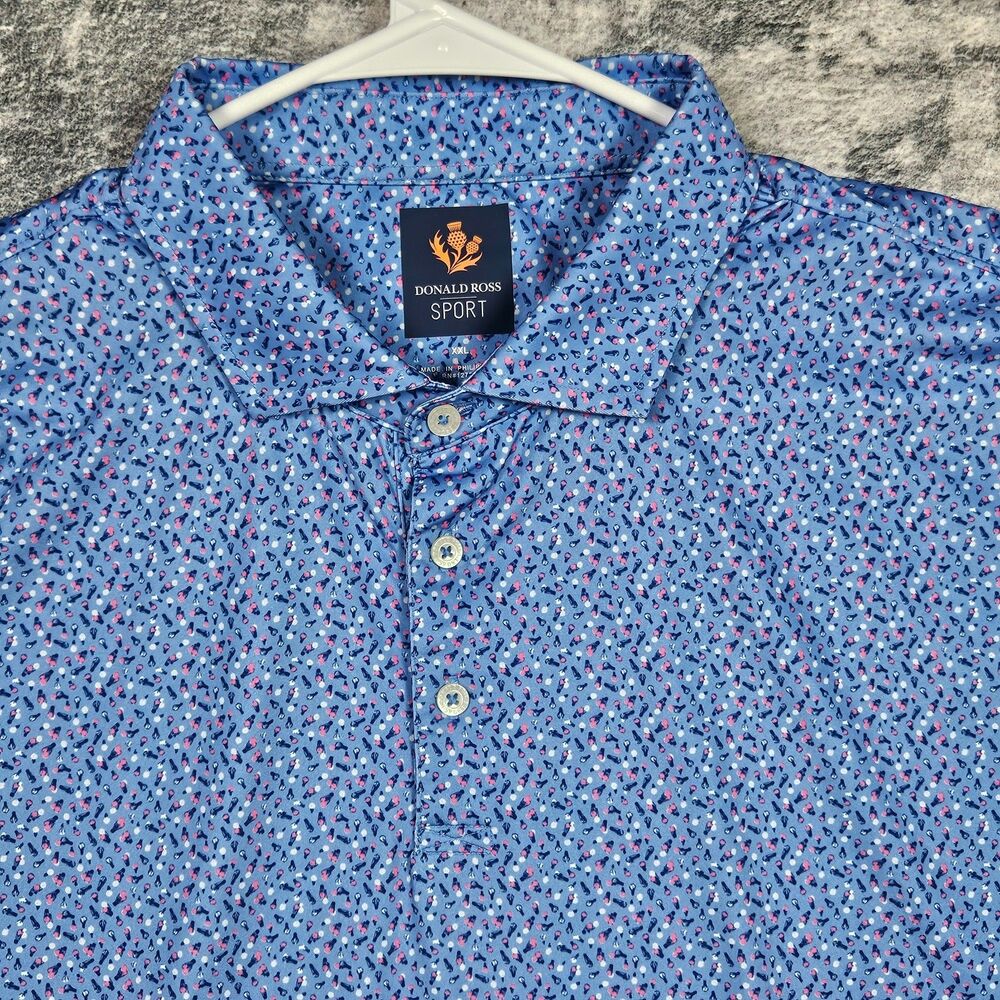 Donald Ross Polo Sport Shirt Mens XXL Blue Confetti Print Golf Athletic Stretch